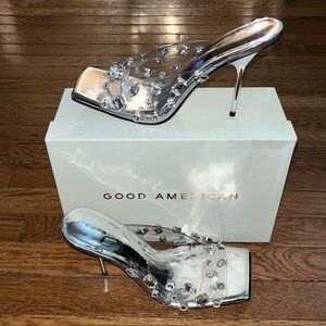 Good American Jewel Embellished Emma Slip On Sandals Glass & Silver Women’s 12
